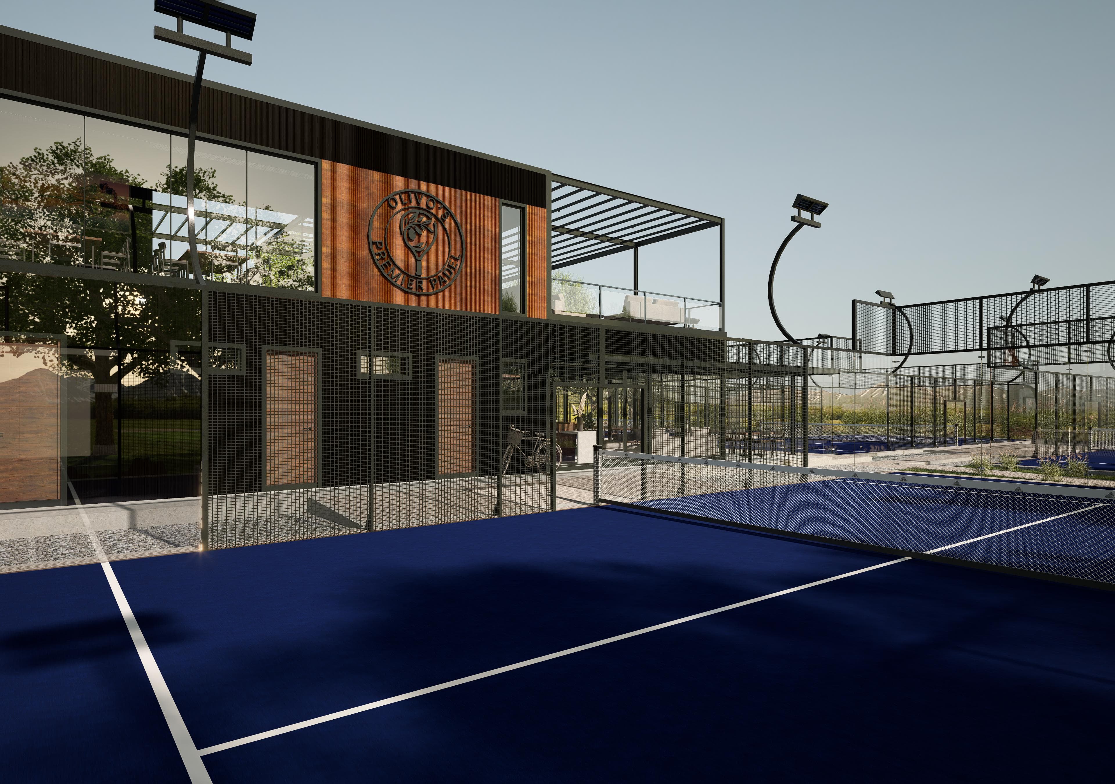Cancha de pádel panorámica iluminada en Olivo's Premier Padel
